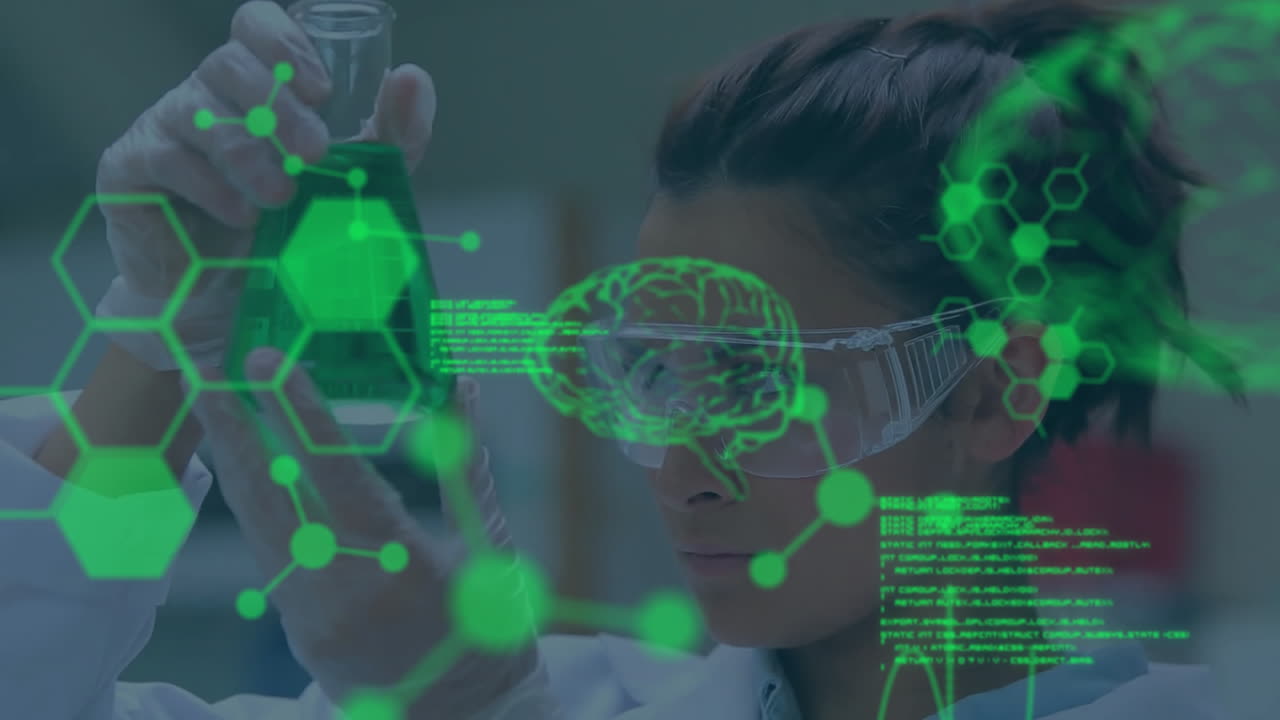animación del procesamiento de datos científicos sobre una científica caucásica en el laboratorio