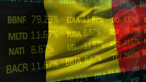 animation of stock market data processing over waving belgium flag against spinning globe