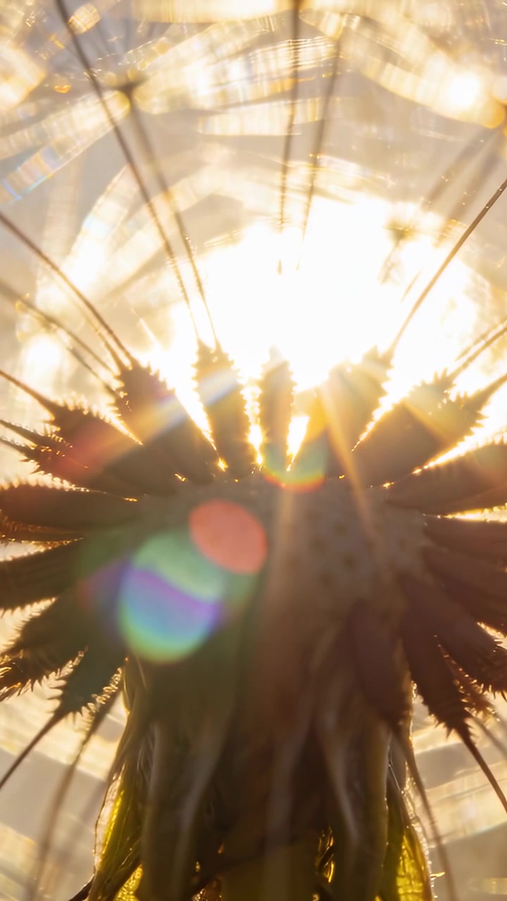 Vertical video: Drifting seeds rising from backlit seedhead in low-sun meadow, with breeze blowing