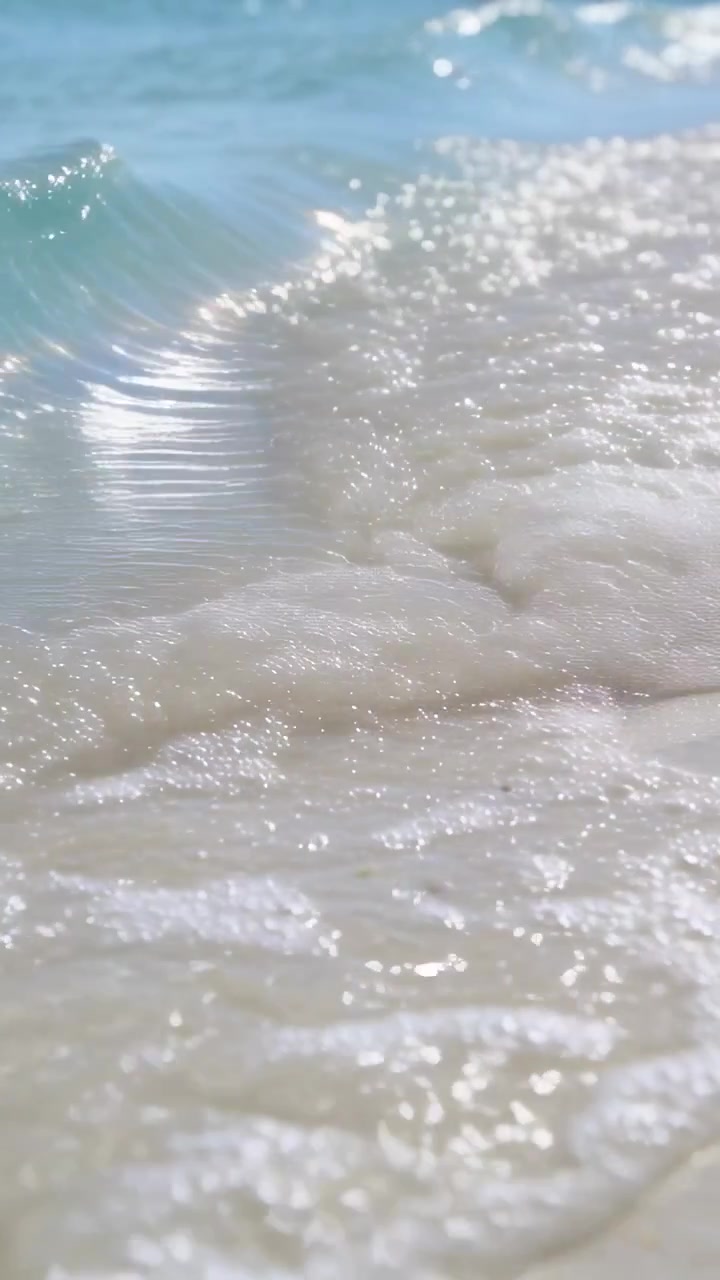 Video verticale: Onda che si avvicina alla sabbia bassa, si innalza, si arriccia e si frange in schiuma, in movimento.