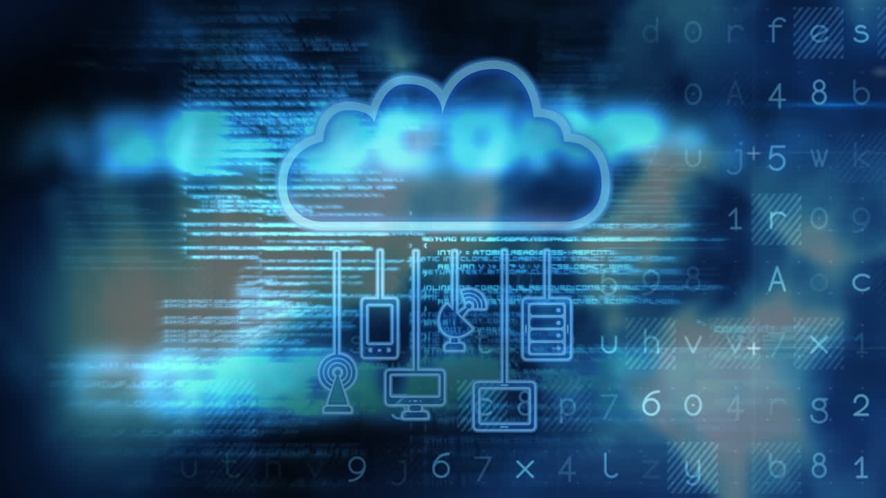 animación de la nube con iconos y procesamiento de datos en fondo azul y negro