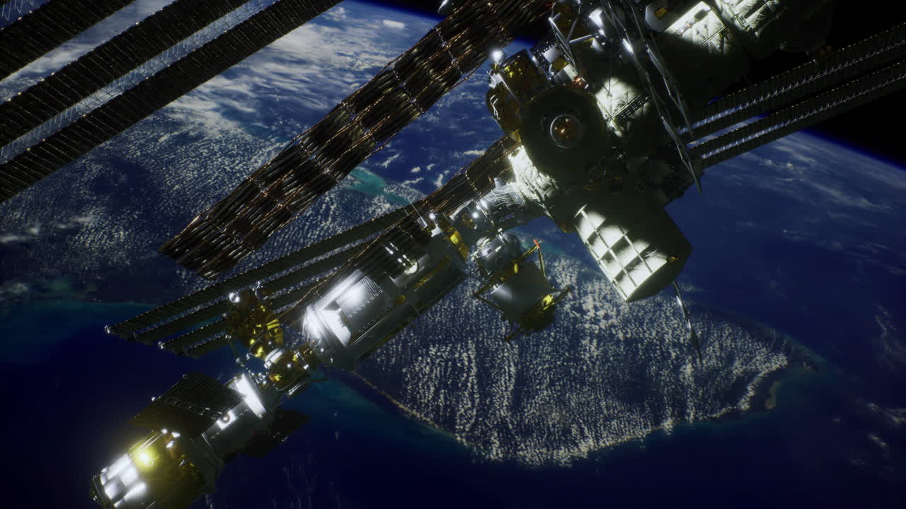 Space station orbiting earth with vibrant lights illuminating the landscape