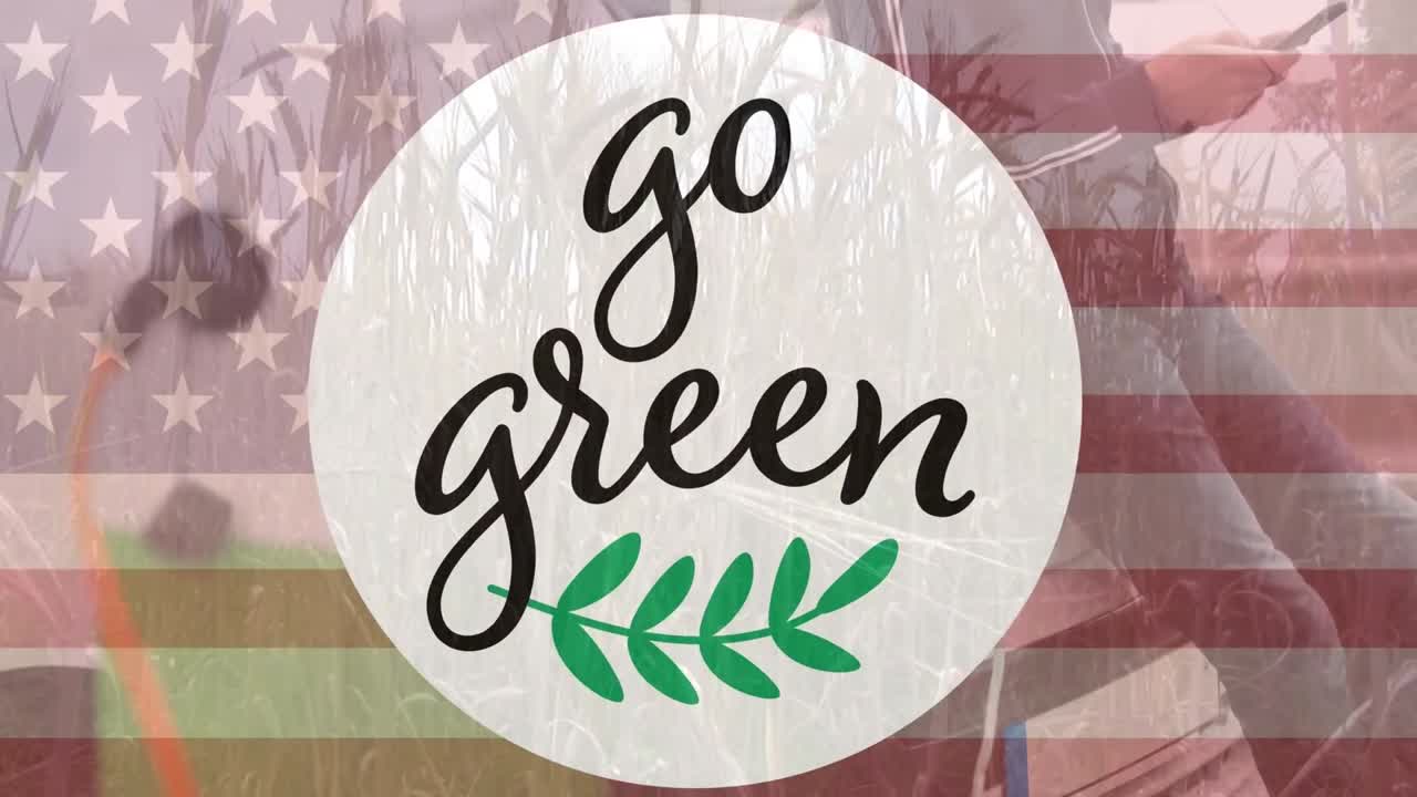 animación de texto y logotipo de go green sobre la bandera de américa y un hombre usando el teléfono en el campo