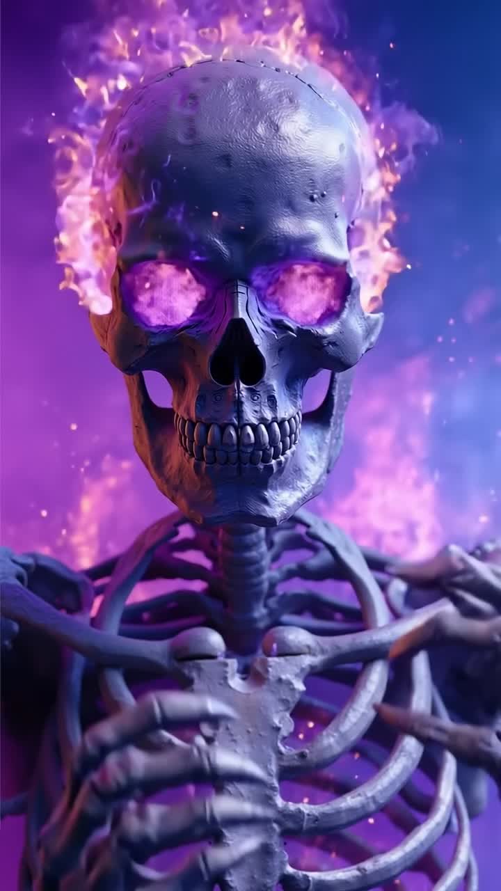 A skeleton with a purple background and a purple skull