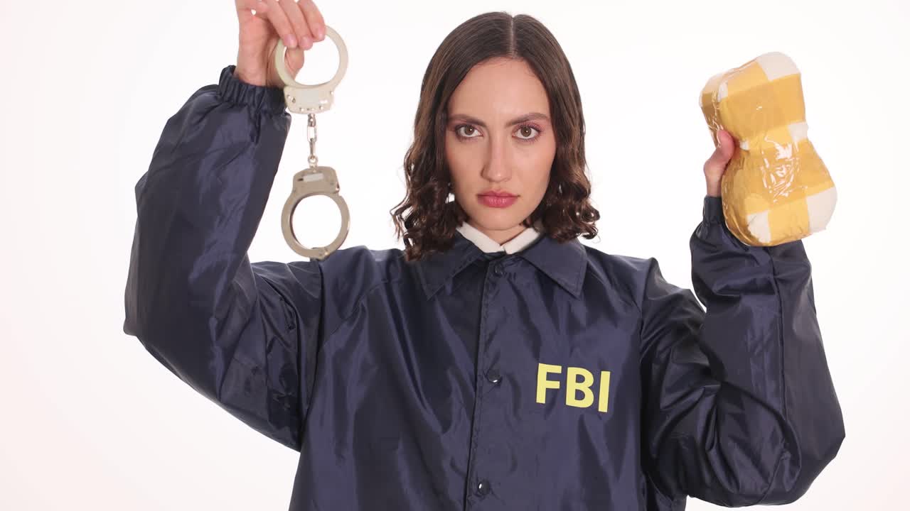 Woman dressed as FBI agent holding package and handcuffs