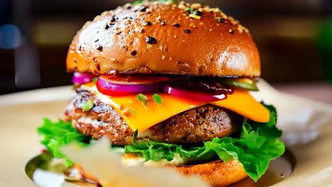 una hamburguesa con lechuga, tomate, cebolla y queso en un pan