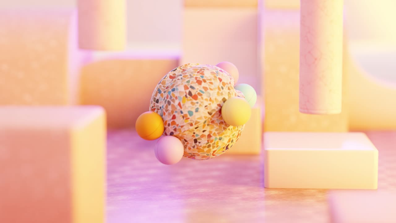 3D rendering of small colorful balls rotating on mosaic sphere in loop