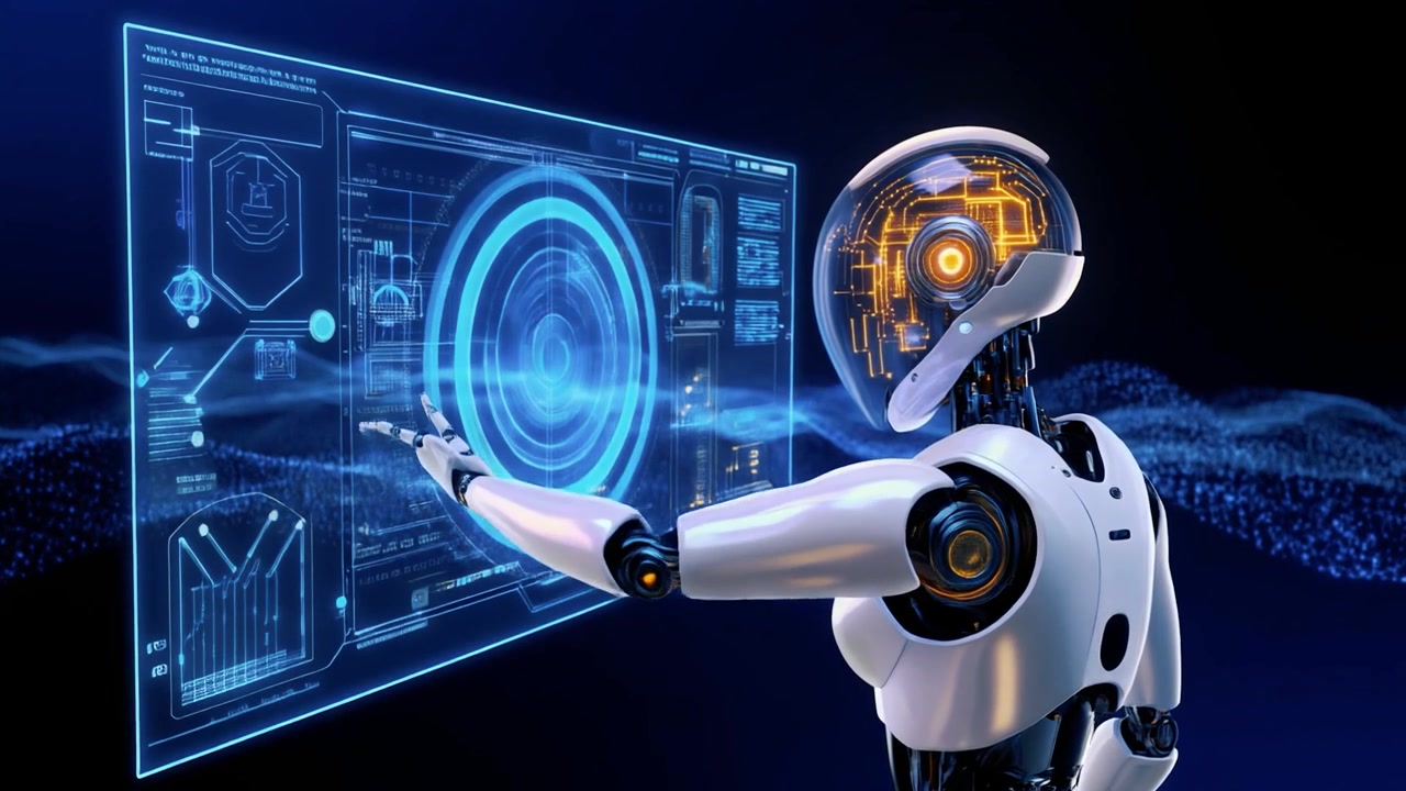 Futuristic Robot Interacting with Digital Holographic Interface