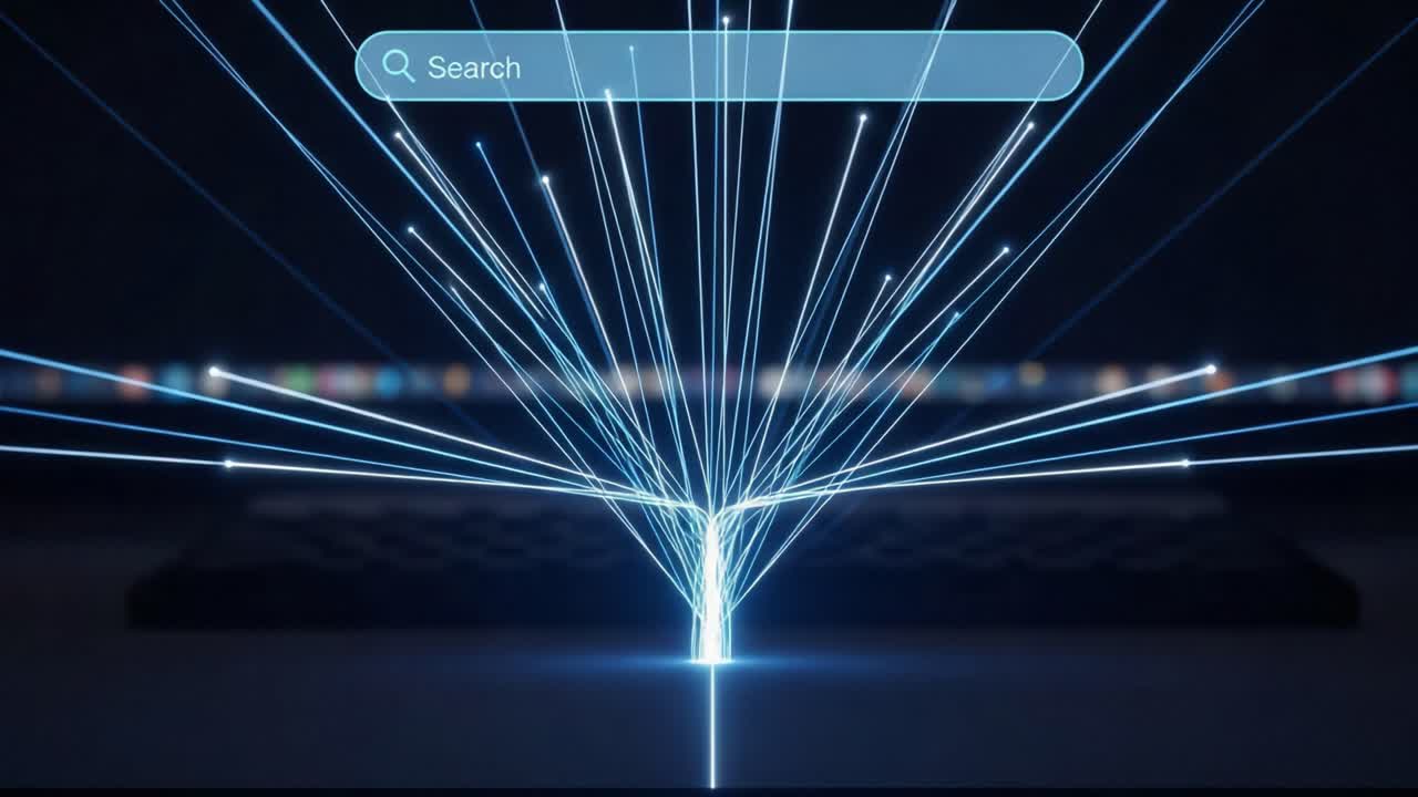 Dynamic Visual Representation of Data Flow in a Search Interface, Featuring Radiant Light Beams Emergent from a Central Search Bar Against a Sleek Dark Background