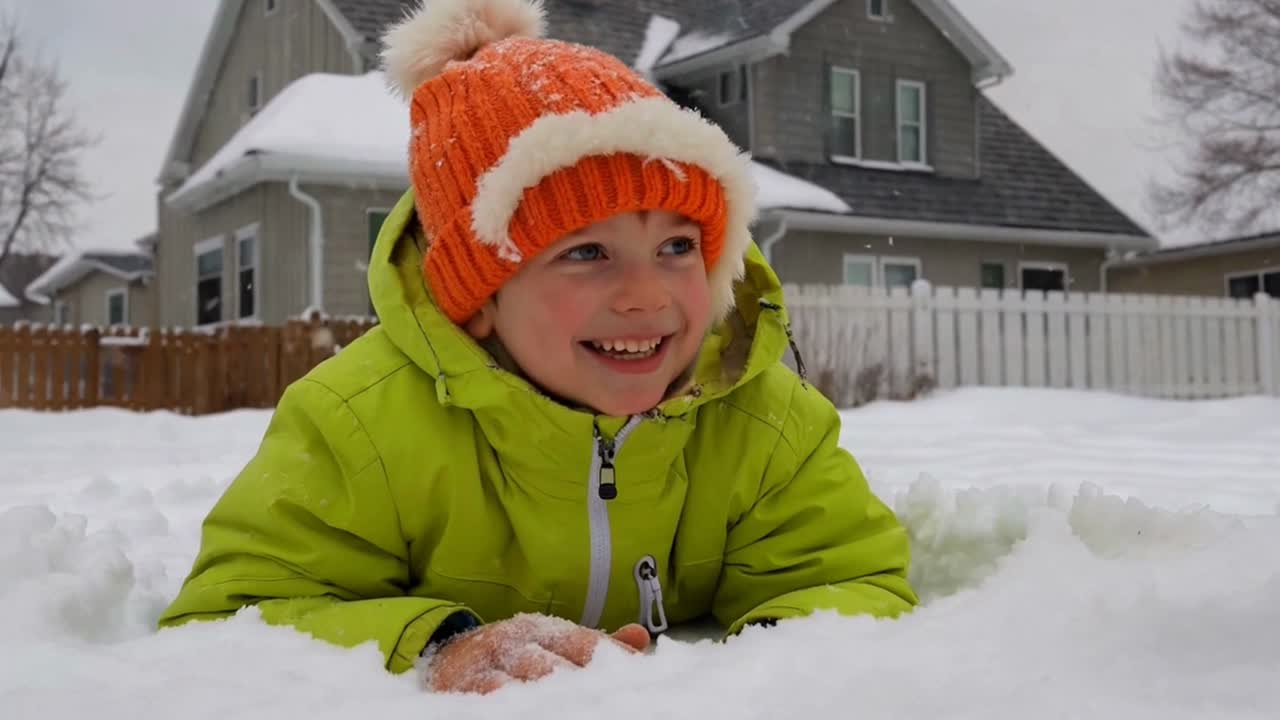 Boy in Bright Jacket Playing in Snow
