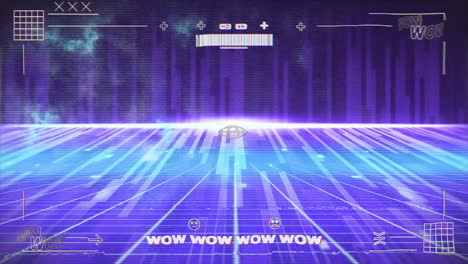 animación de texto wow en blanco y datos de procesamiento de interfaz, sobre luces azules y púrpuras en movimiento