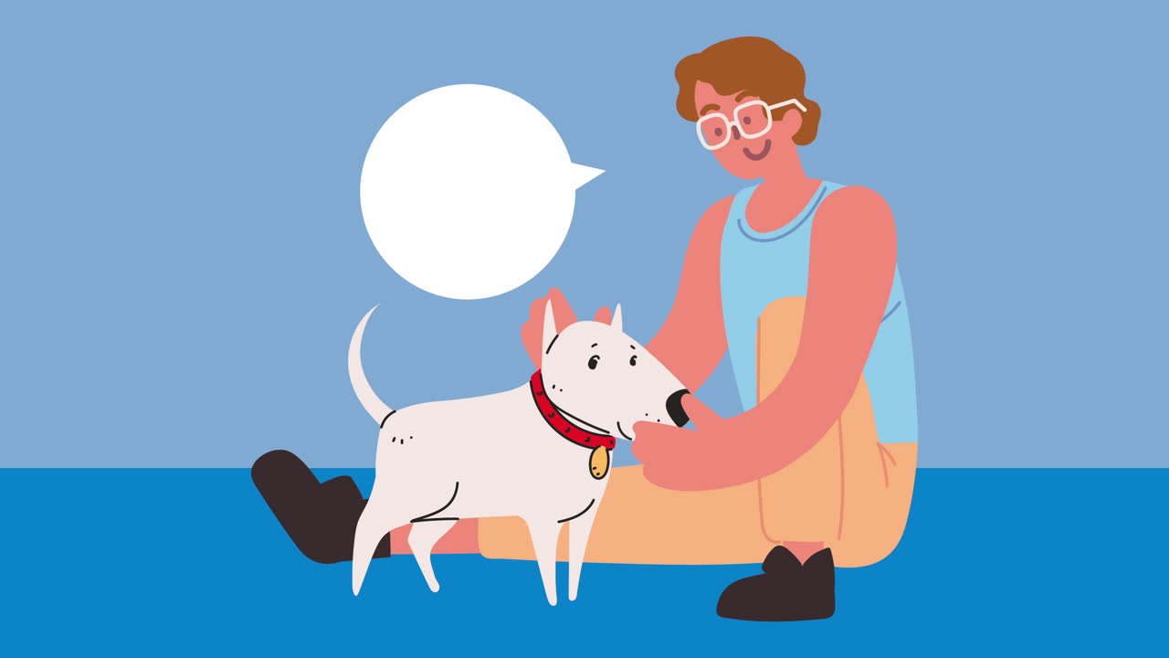 개 마스코트 애니메이션과 함께 앉아있는 남자