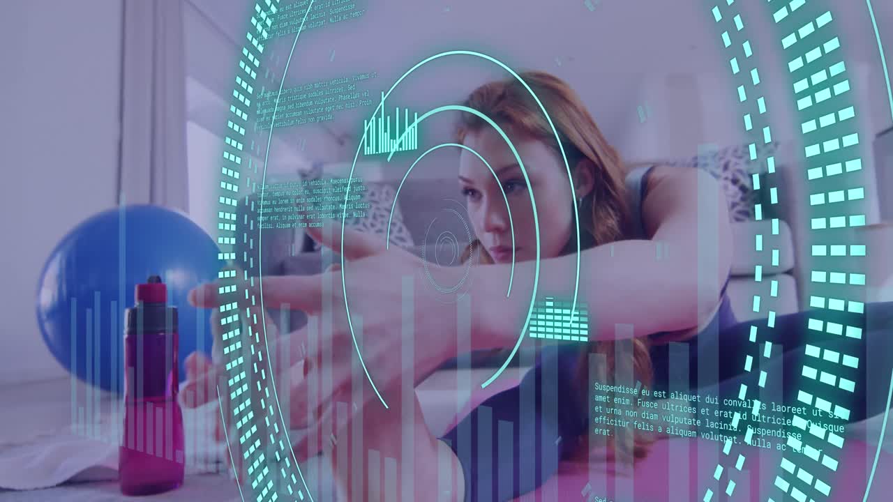Animation of data processing over caucasian woman exercising, stretching at home