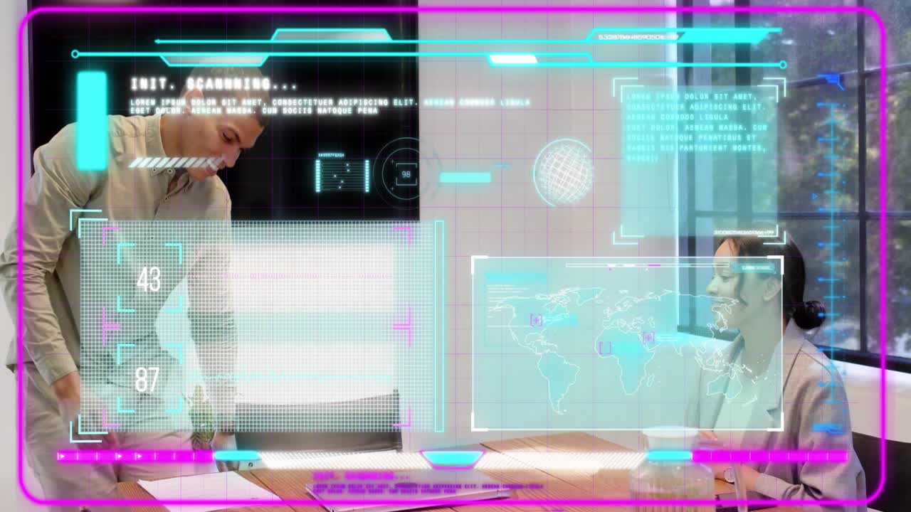 Man shaking hand and collecting papers, woman pointing while HUD map scanning for business review