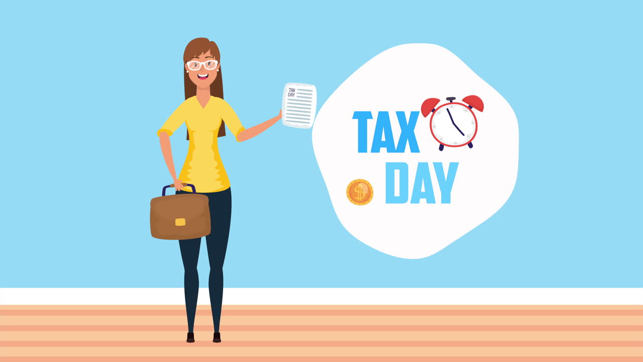 tax day animation with businesswoman and portfolio