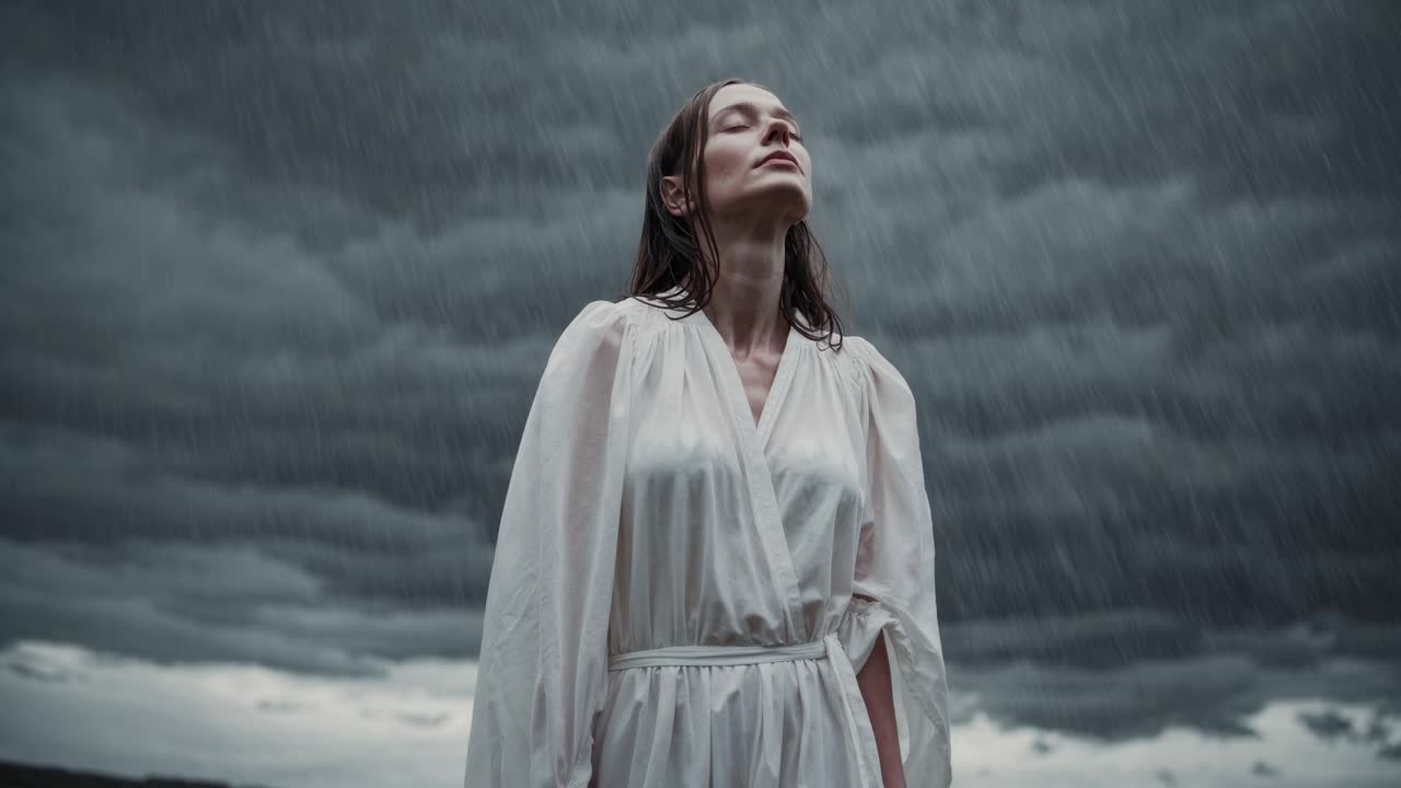 Young woman wearing a flowing white dress stands gracefully in a field, embracing the cleansing power of nature beneath a dramatic, rain filled sky, finding serenity in the storm