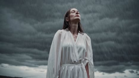 young woman wearing a flowing white dress stands gracefully in a field, embracing the cleansing power of nature beneath a dramatic, rain filled sky, finding serenity in the storm