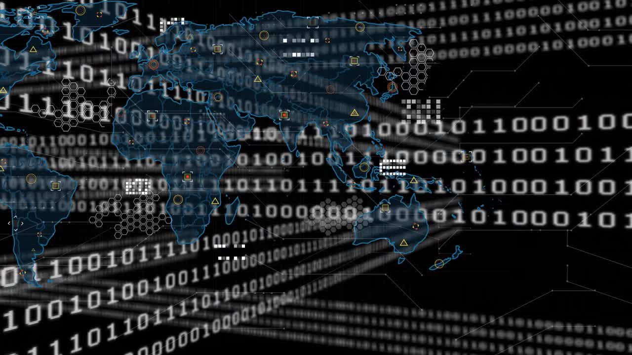 Animation of world map and data processing over black background