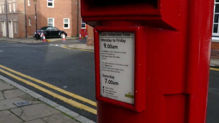 Tradizionale Cassetta Postale Rossa di Royal Mail che Mostra gli Orari di Ritiro