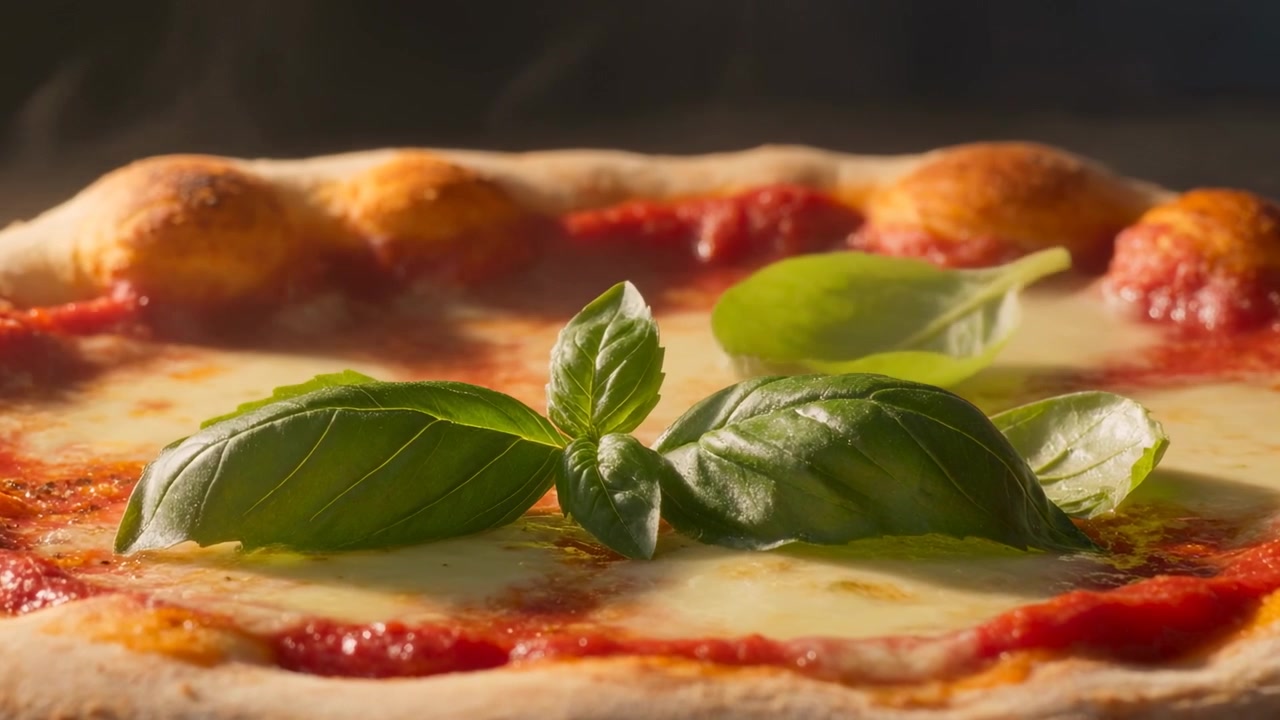 Folhas de manjericão caindo sobre uma pizza margherita fresca na bancada, com vapor subindo, adicionando sabor.