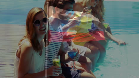 group of friends enjoying drinks by poolside with colorful overlay animation
