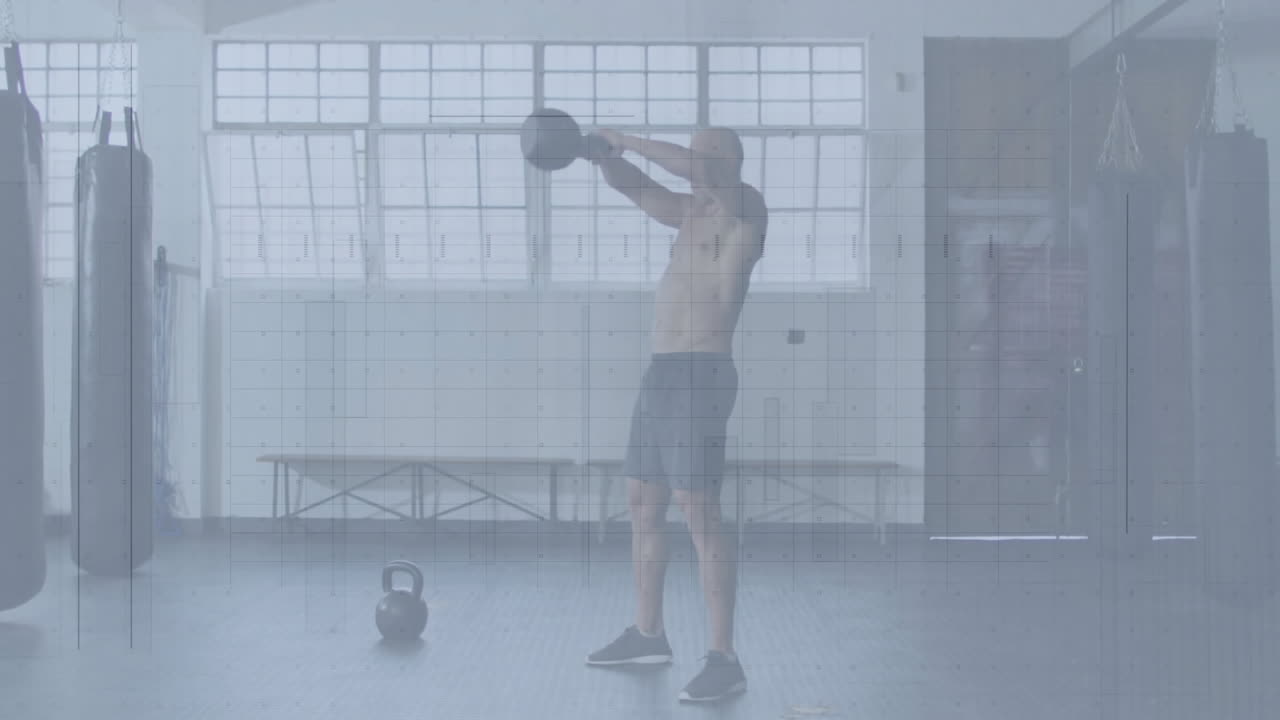 Muscular man swinging kettlebell in fitness studio, showing animated strength graph overlay