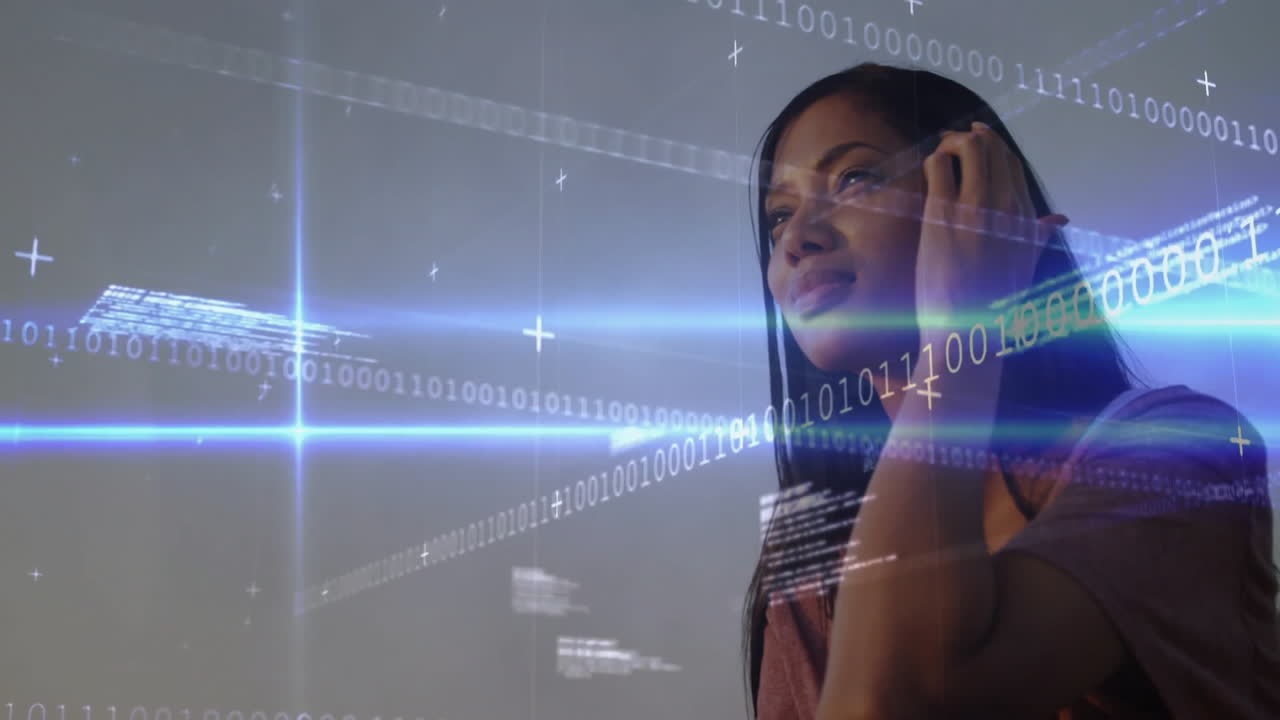 Listening to music, woman with animation of binary code and digital effects