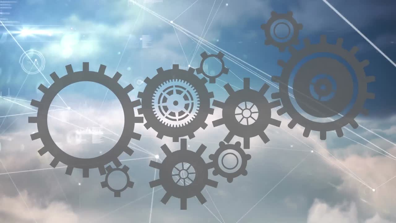 animación de engranajes en movimiento y red de conexiones en cielo nublado