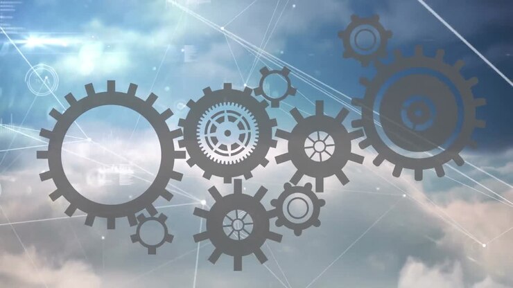 Animation of moving gears and network of connections on cloudy sky