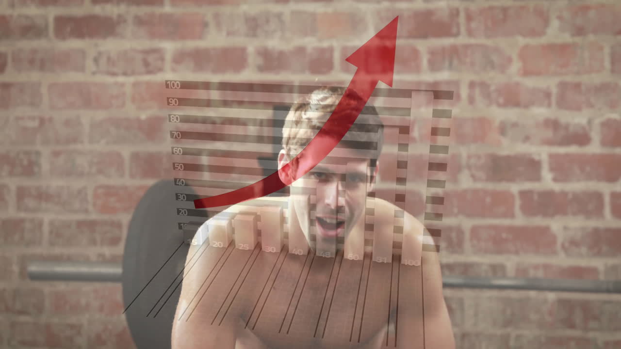 Exercising in gym, man with bar chart and arrow animation overlay