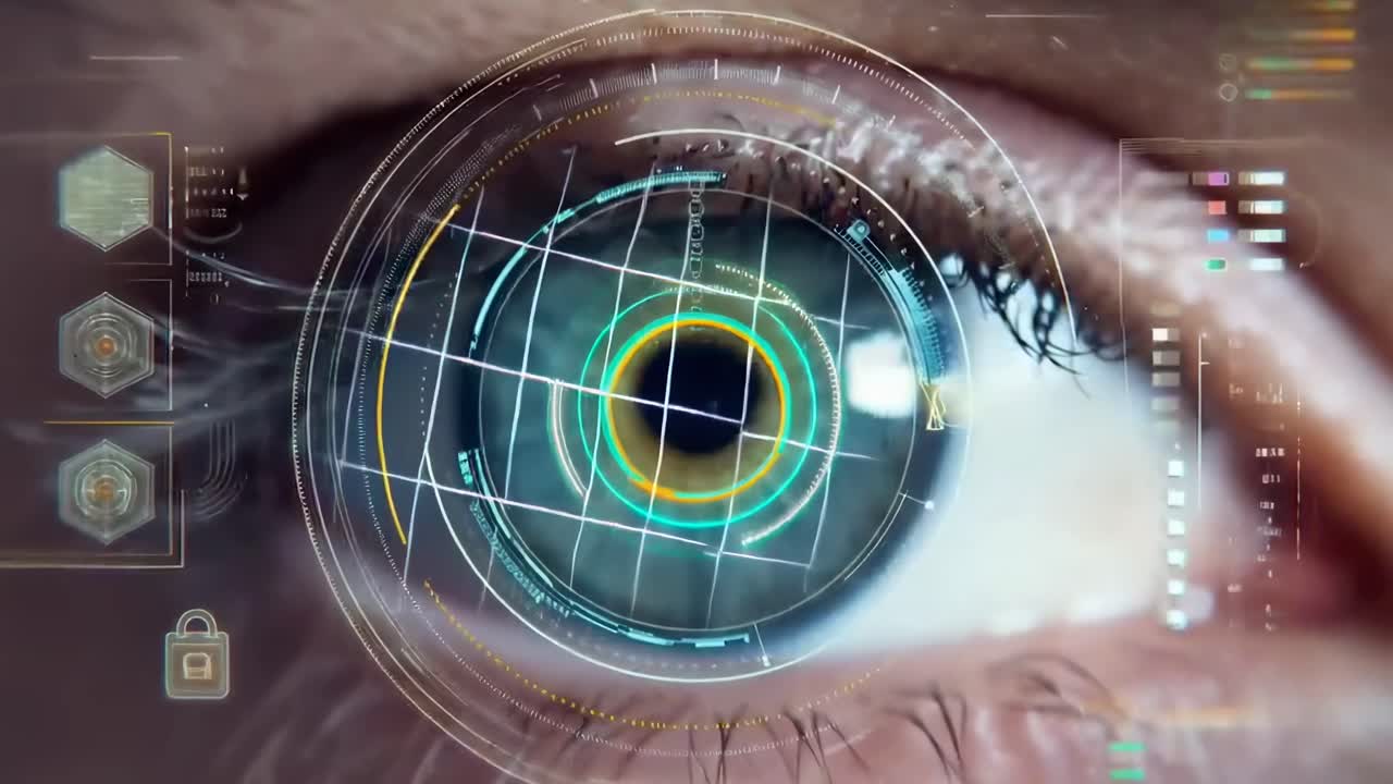 Video ravvicinato di un occhio umano con sovrapposizioni HUD digitali, che mostra una tecnologia futuristica