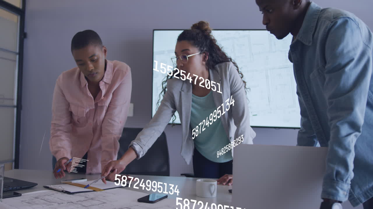 Animation of data processing over diverse business people in office