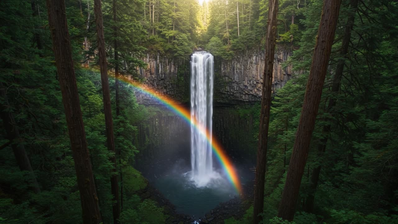 Breathtaking Cascade: A Lush Forest Waterfall Surrounded by Majestic Trees and a Colorful Rainbow, Captured in Glorious Natural Light