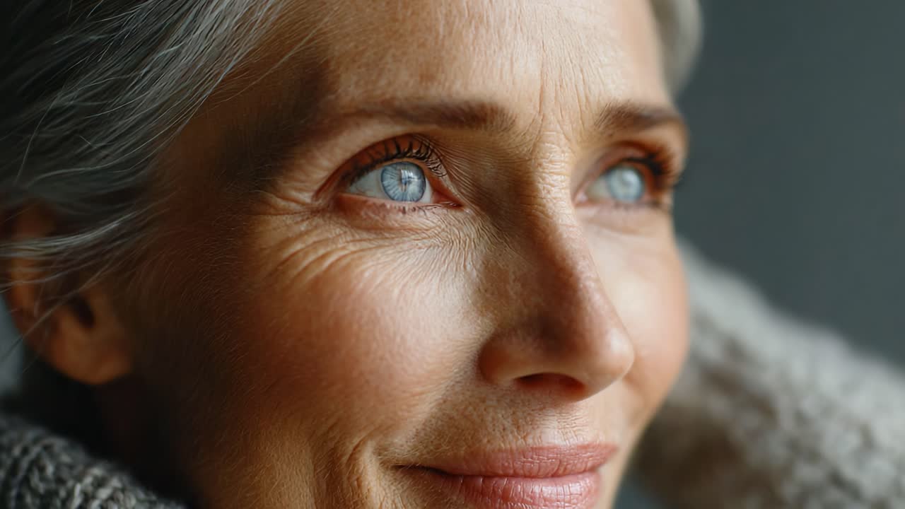 A Close-Up Portrait of a Mature Woman with Silver Hair and Bright Blue Eyes, Capturing the Essence of Confidence and Serenity in Her Expression
