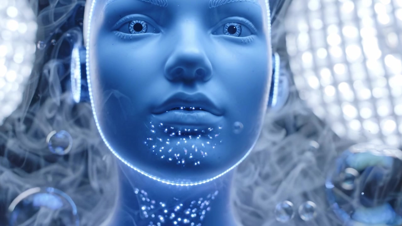 Una figura umanoide futuristica, illuminata con LED blu e circondata da bolle, incarna l'intersezione tra tecnologia e arte in un affascinante regno digitale.