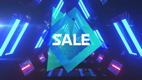 Animation-of-glitch-effect-over-sale-text-banner-against-glowing-blue-tunnel-in-seamless-pattern