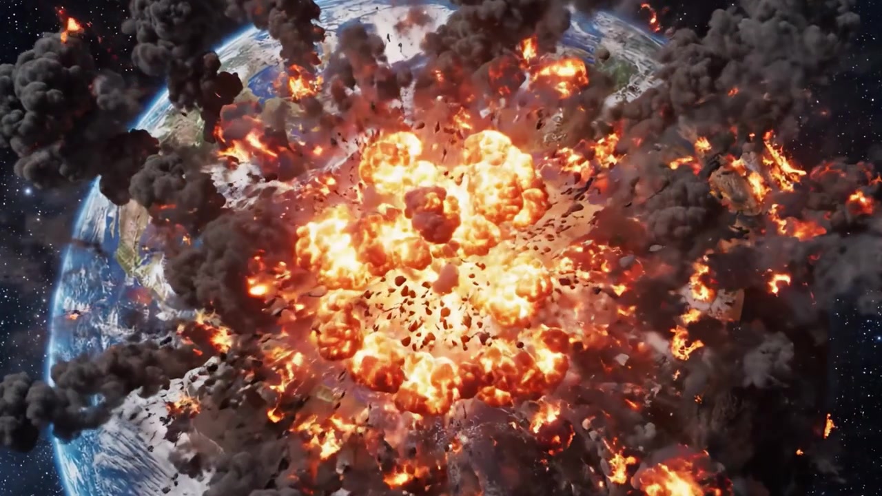 Dramatic Visual of a Devastated Earth Amidst Cataclysmic Chaos: Explosions and Smoke Cover the Planet in an Aerial View of Unprecedented Destruction and Turmoil