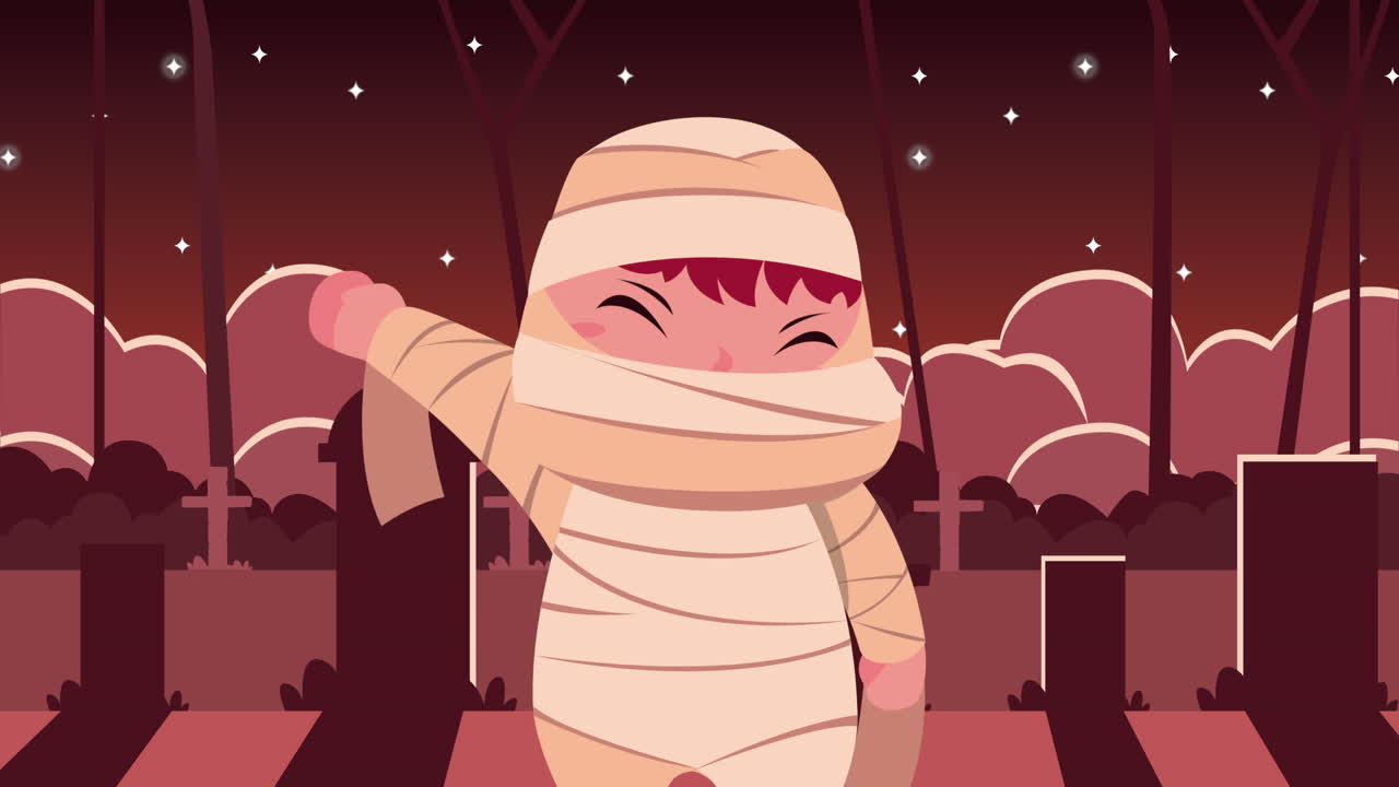 cute child disguised as mummy in graveyard