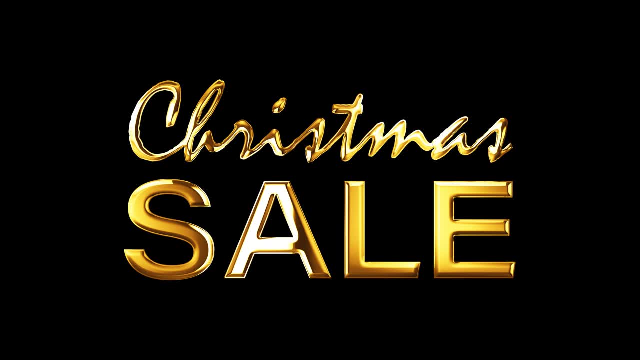 Christmas Sale golden text with light effect isolated with alpha channel quicktime prores 444. 4K 3D rendering animation seamless loop. Christmas Sale Title 3D Illustration for December promo video.