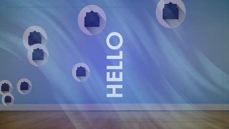 animation of multiple hello text banners over message icons floating against blue background