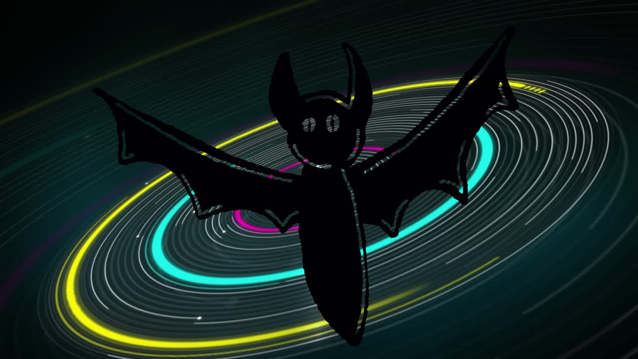 Animation of bat over illuminated spinning spiral pattern