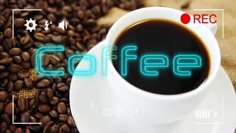 animation of coffee text over cup of coffee