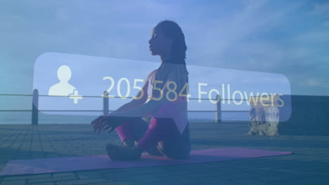 animation of rising number of followers over woman meditating on promenade by the sea