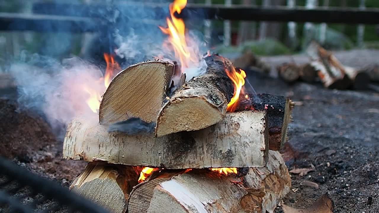 야생 불꽃에 의해 불이 붙는 나무 통나무와 함께 슬로우 모션으로 모닥불