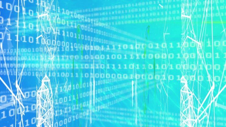 Animation of network of connections over data processing on blue background