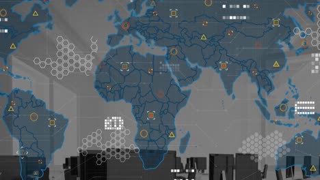 Animation-of-data-processing-and-statistics-with-world-map-over-offcie