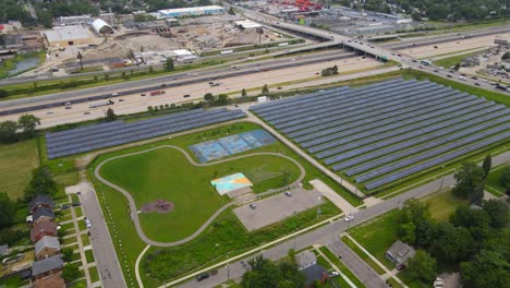 aerial view on o'shea playground and solar farm, located in plymouth i-96 neighborhood of detroit michigan, usa