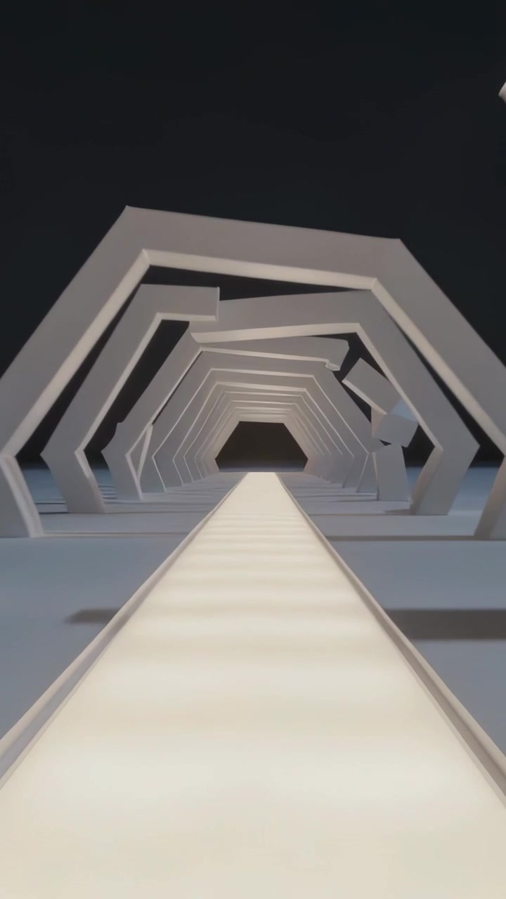 Video verticale: Telecamera che inizia a scivolare lungo una passerella illuminata in un tunnel grigio, dirigendosi verso un'apertura.