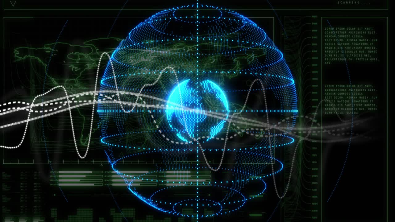 Holographic globe rotating in tech HUD, waveforms entering from left compressing rings for analysis