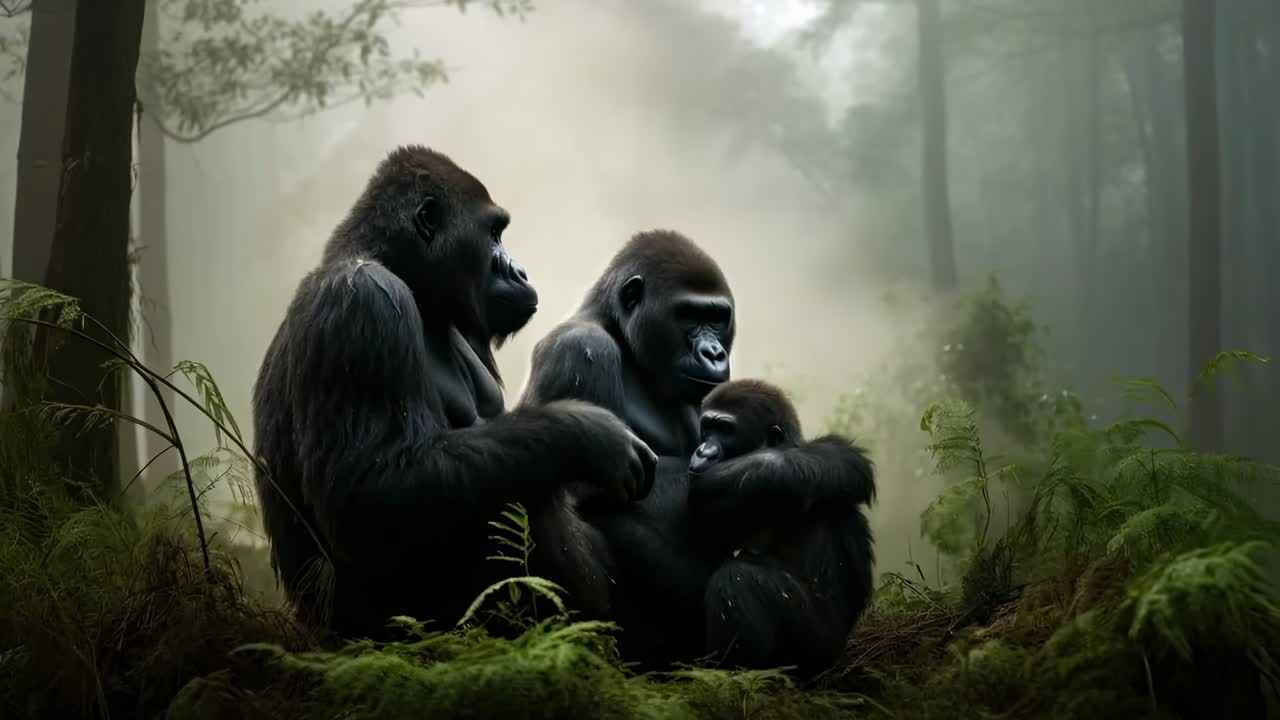 A serene video scene of a gorilla family in a misty forest, captured from a low angle